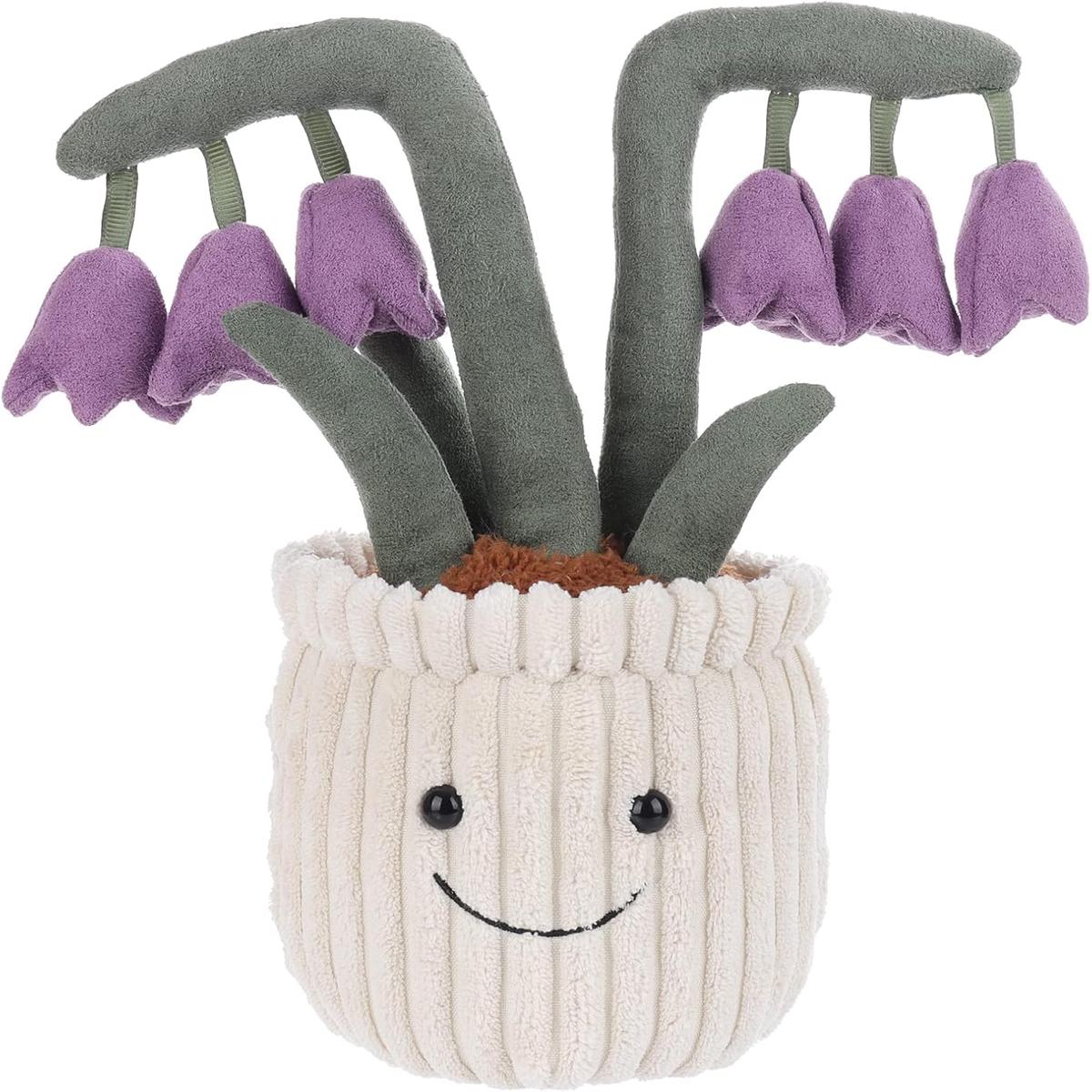 Animal de peluche de cordeiro damasco em vaso com lrio roxo, brinquedos macios de peluche fofinhos perfeitos para crianas de 9,4 polegadas