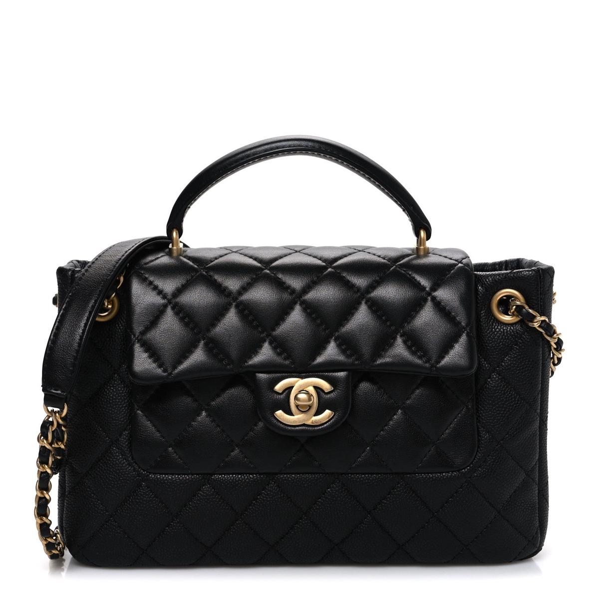 Caviar Calfskin Quilted Small Top Handle Flap Black