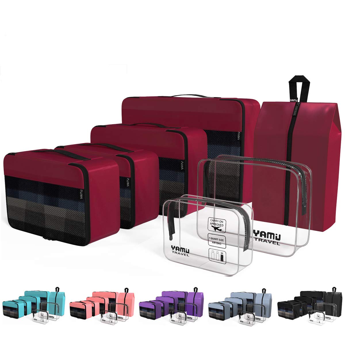 YAMIU Packing Cubes 7-Pcs Travel Organizer Accessories with Shoe Bag and 2 Toiletry Bags(Wine Red)
