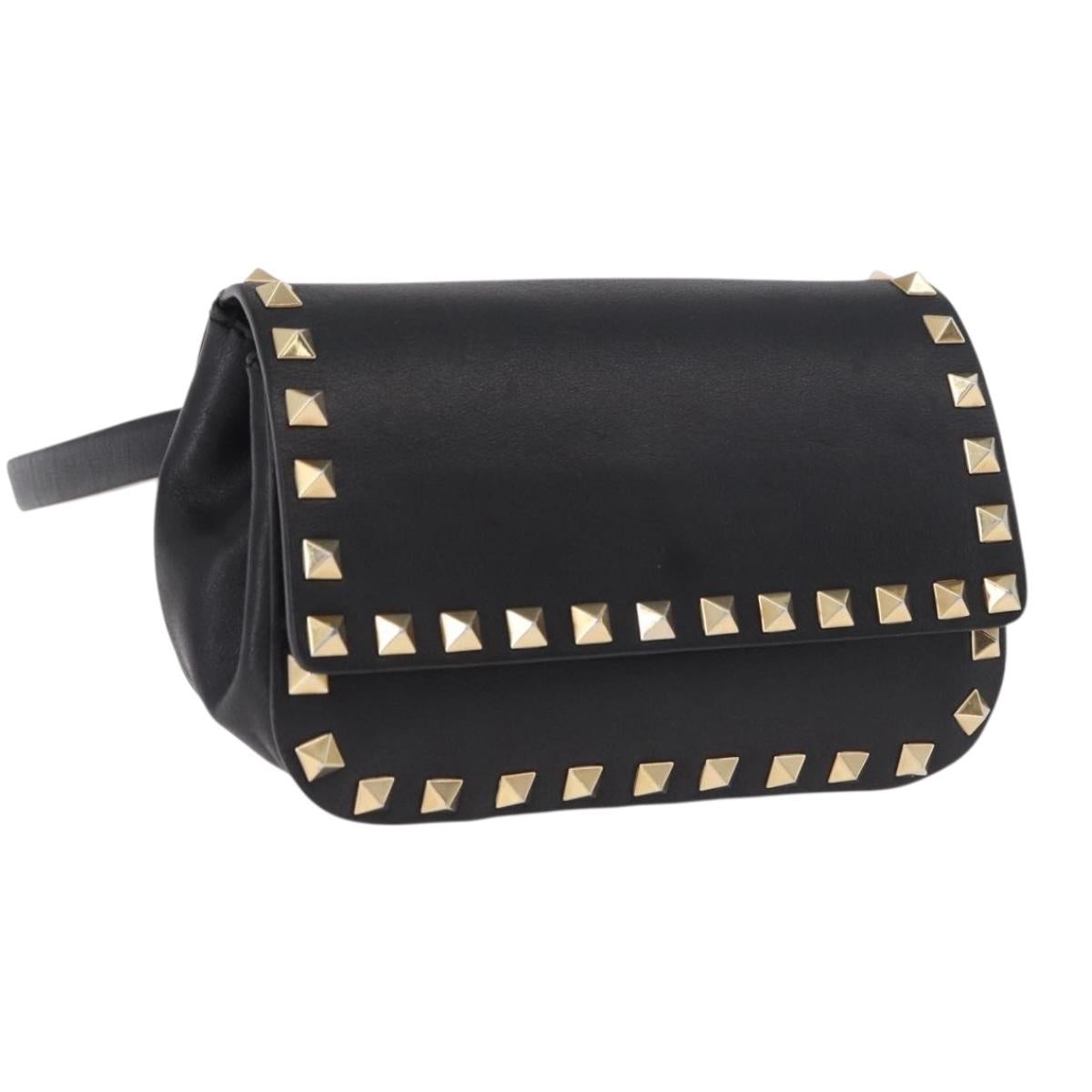 VALENTINO Studs Waist bag Leather Black Gold Auth BA13324A