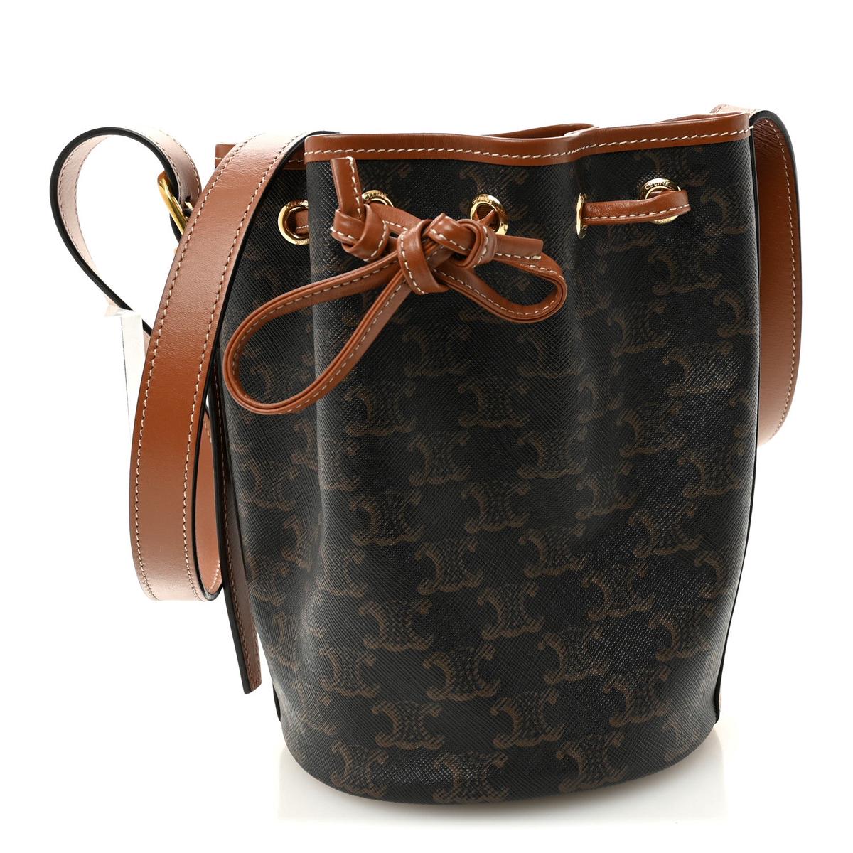Triomphe Canvas Calfskin Small Drawstring Bucket Bag Tan