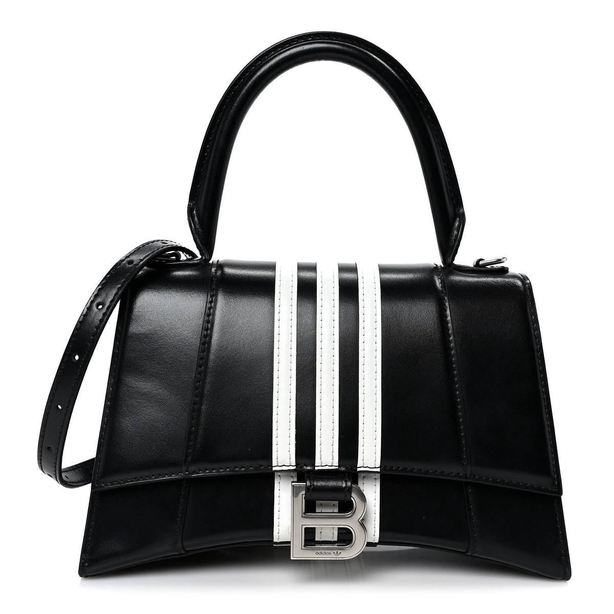 X ADIDAS Shiny Box Calfskin Small Hourglass Top Handle Bag Black White