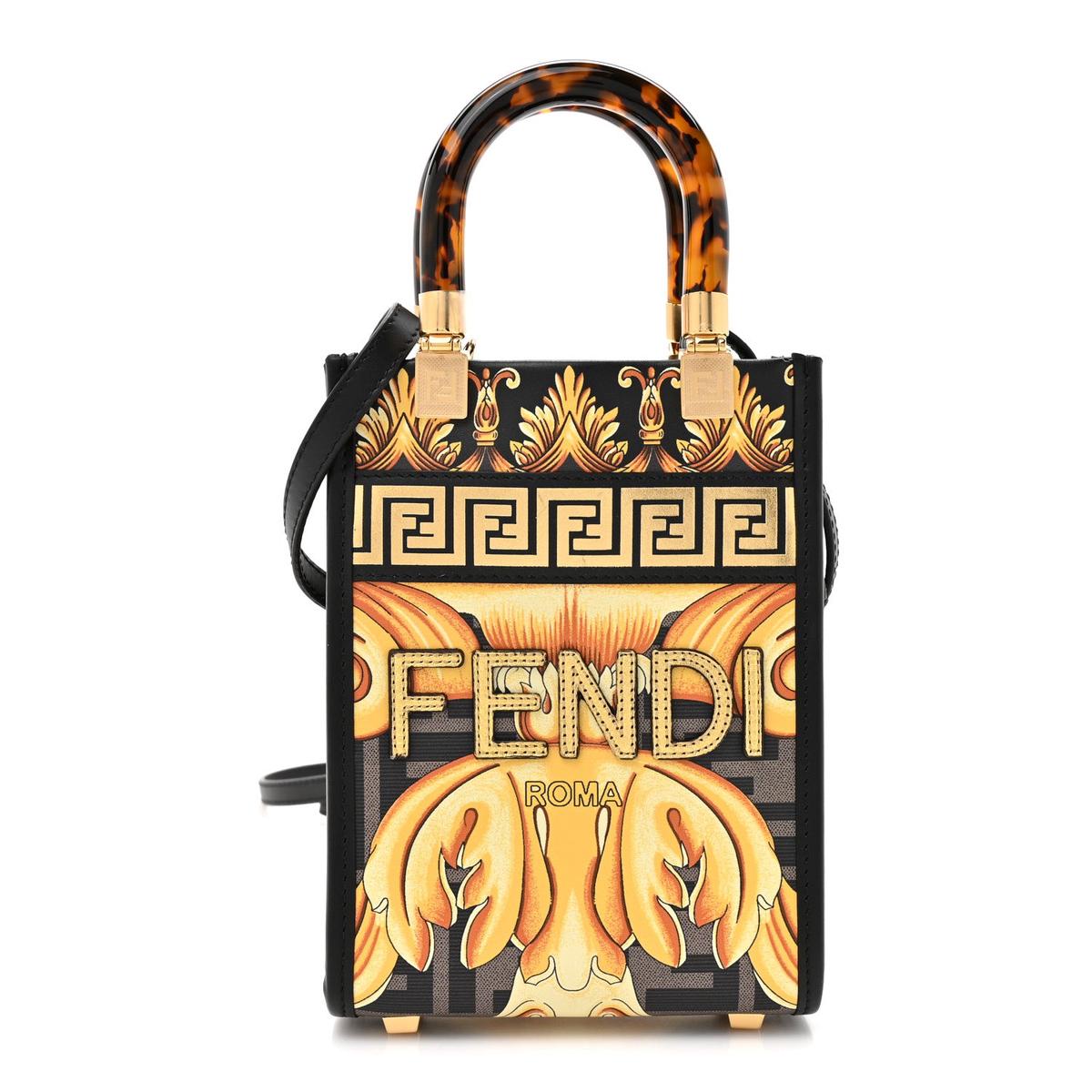 X VERSACE Vitello King Catalan Mirror Plexiglass Fendace FF Baroque Logo Mini Fendi Sunshine Shopper Tote Black Gold
