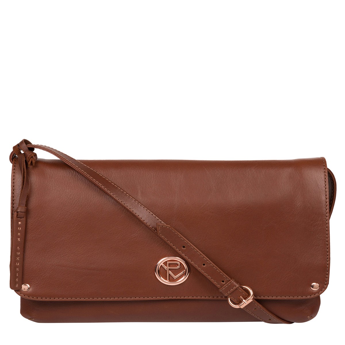 'Ermes' Cognac Leather Cross Body Clutch Bag