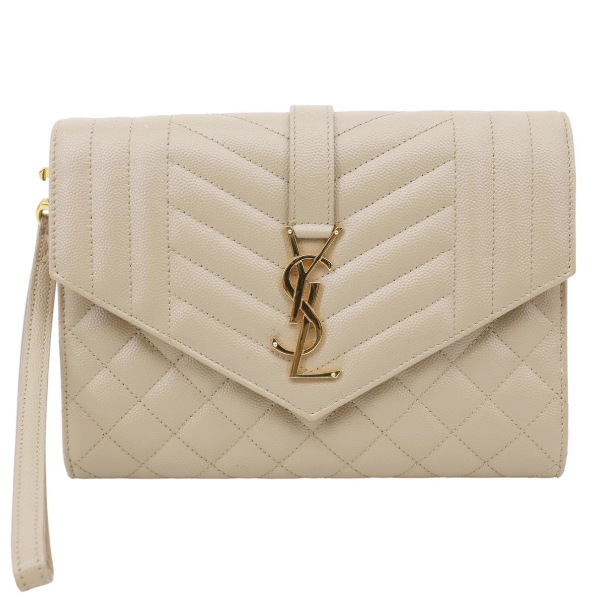 YVES SAINT LAURENT Monogram Envelope Grain De Poudre Leather Clutch Beige