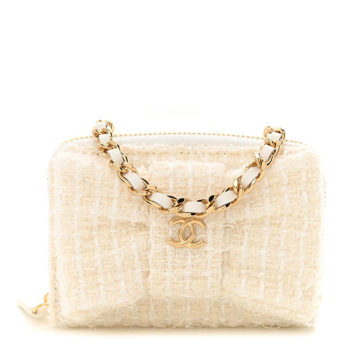 Tweed Quilted Bow Flap Card Holder On Chain White