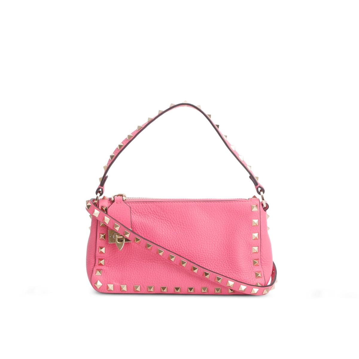 Valentino Pink Pebbled Calfskin Small Rockstud Flip Lock Shoulder Bag w/ Strap