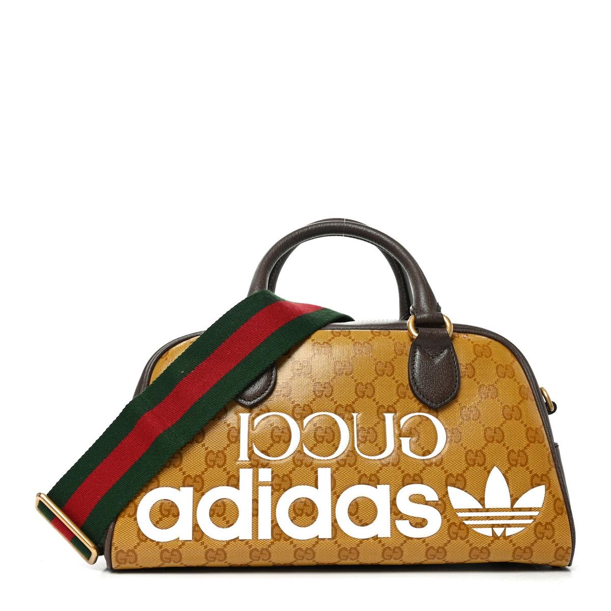 X ADIDAS Crystal Vintage Monogram Textured Dollar Calfskin Web Trefoil Logo Mini Bowling Bag Mid Natural Nut Off White New Acero